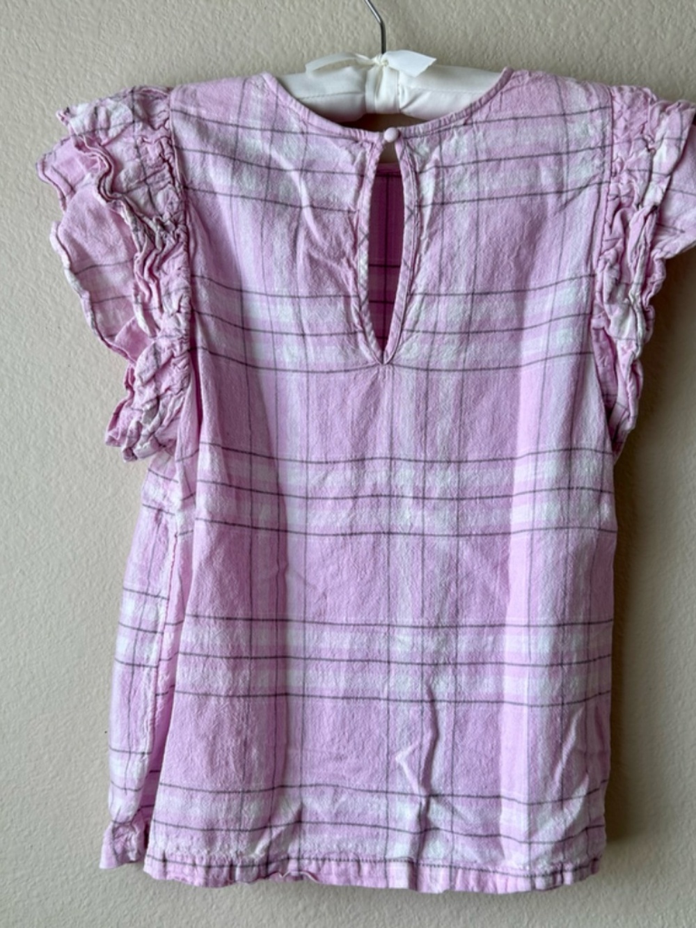 Short Sleeve Blouse Pink Gray White Plaid Double Ruffle Sleeve A New Day Small - Picture 7 of 12